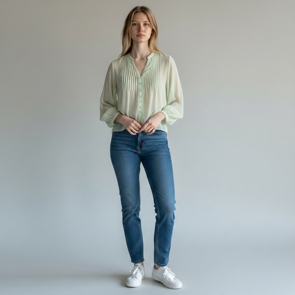 ark & co. Pleated V-Neck Blouse M Mint Sheer Balloon Pastel Romantic Ethereal